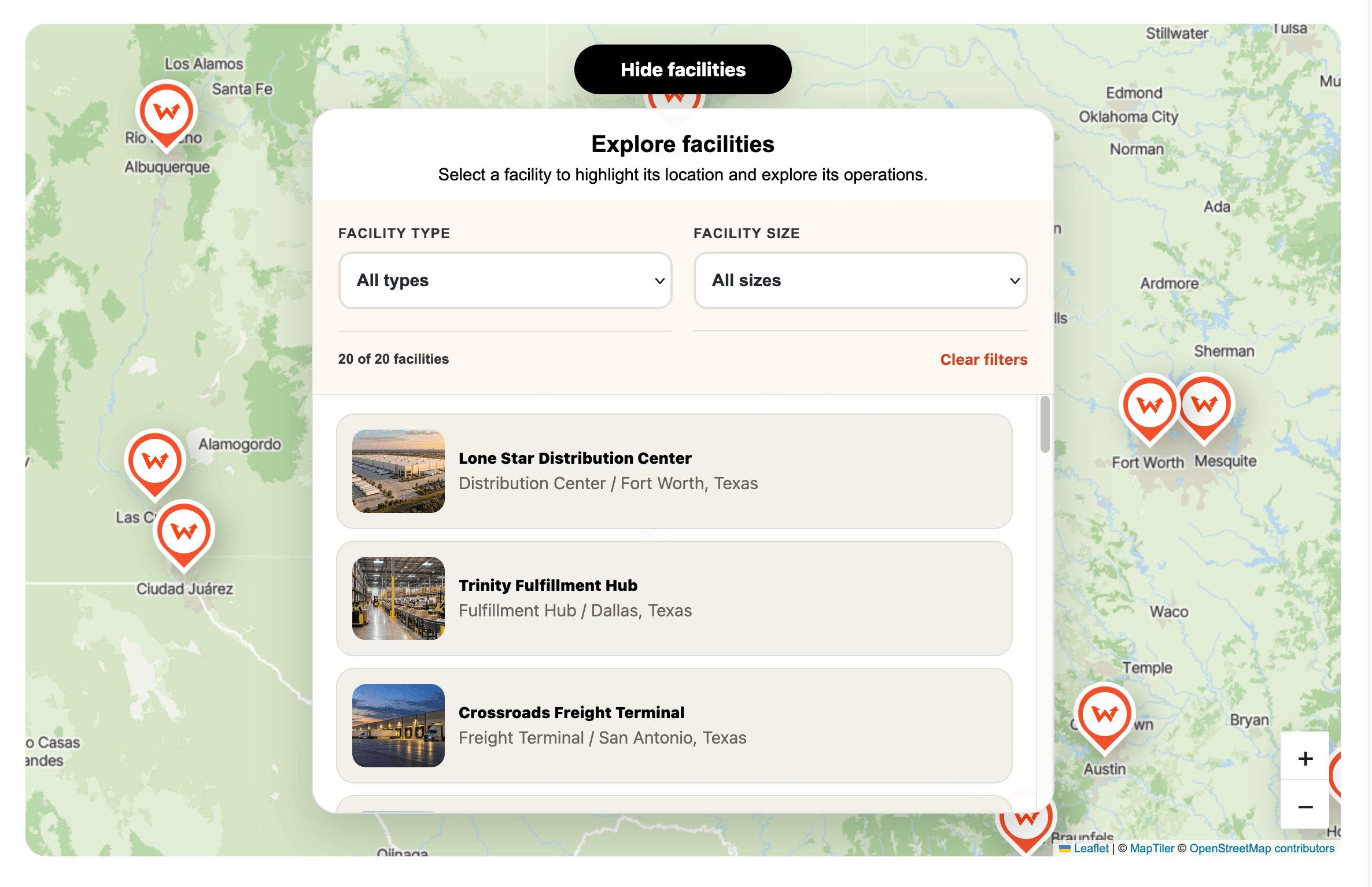 Infrastructure map with facility filters and location listings