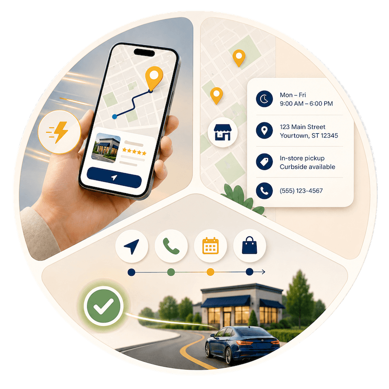 Three-part visual showing faster action, clearer location details, and a smoother path to visit, call, booking, or directions